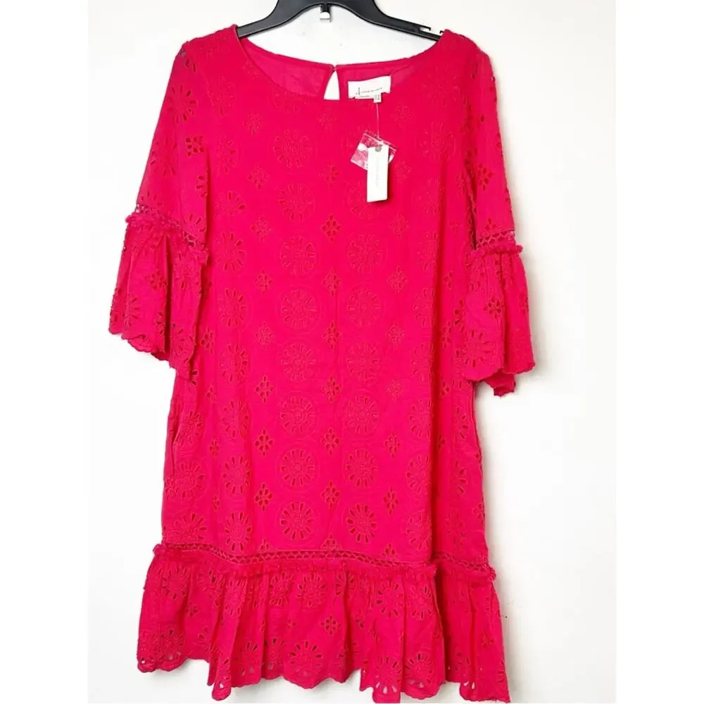 NWT SZ 4 Anthropologie Hot Pink Eyelet Ruffle Shift Dress